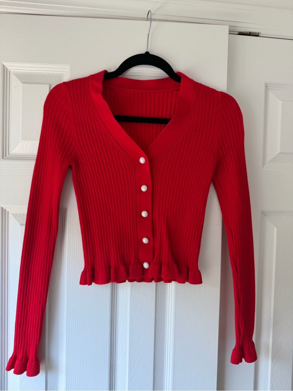 Commense Red Ribbed V-Neck Button-Front Cardigan